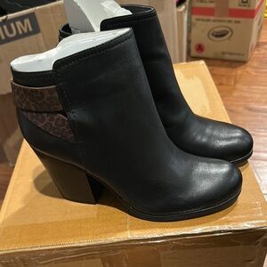 Reaction Kenneth Cole Might Make It Black LeatjerAnkle Boots with Leopard Detail
